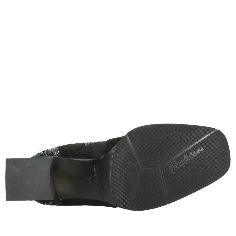 Trzewiki damskie ze skóry zamszowej, osadzone na wygodnym ozdobnym klocku, botek damski z czarną lycrą, Konopka shoes