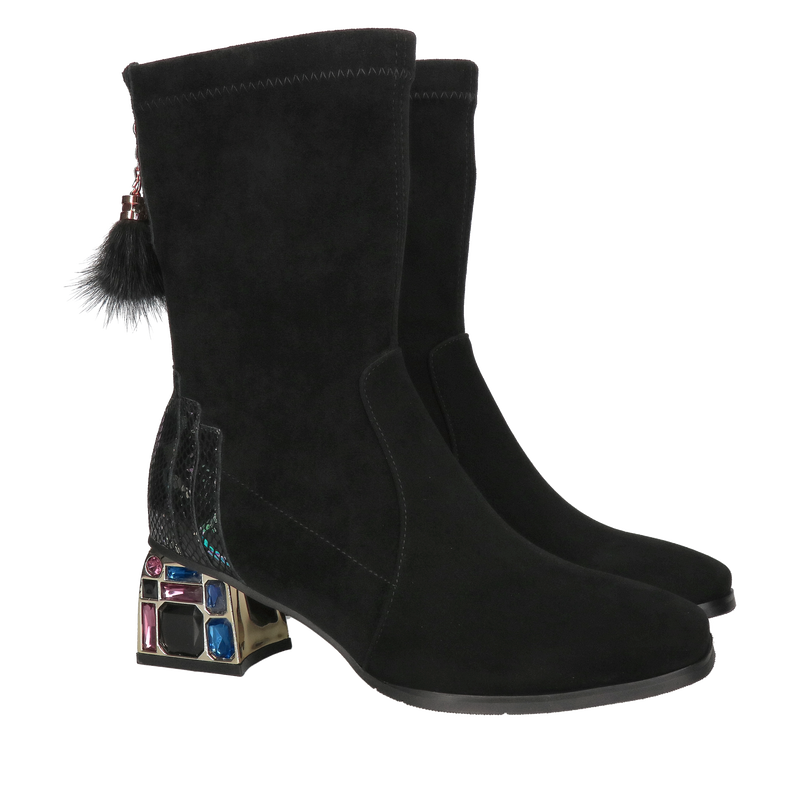 Trzewiki damskie ze skóry zamszowej, osadzone na wygodnym ozdobnym klocku, botek damski z czarną lycrą, Konopka shoes