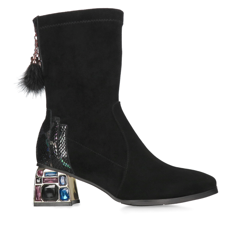 Trzewiki damskie ze skóry zamszowej, osadzone na wygodnym ozdobnym klocku, botek damski z czarną lycrą, Konopka shoes