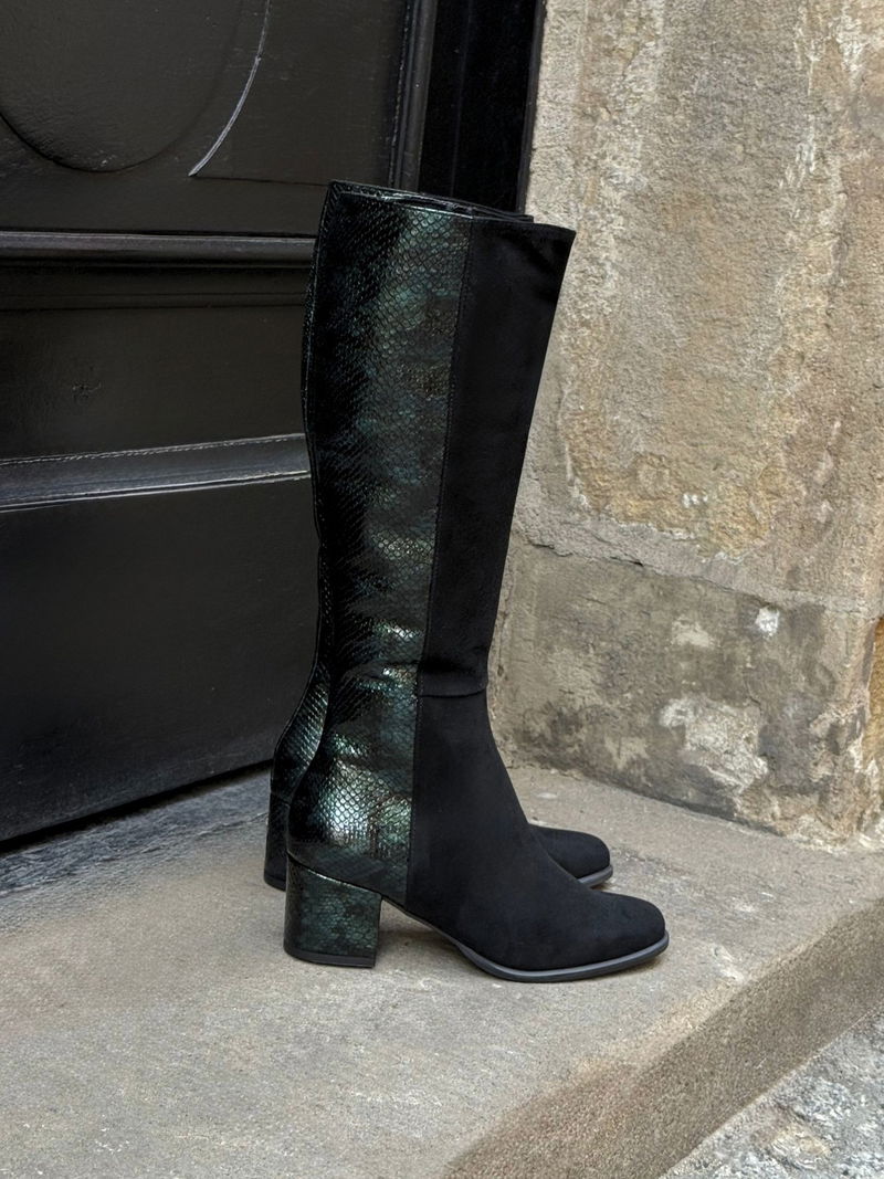 Kozaki damskie zamsz połączone ze skórą lakierowaną, wygodne kozaki na niskim słupku, wysoka jakość i komfort