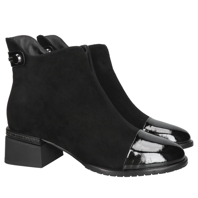 Damski botek na klocku, trzewik damski z czarnego zamszu, buty damskie na zimę ze skóry