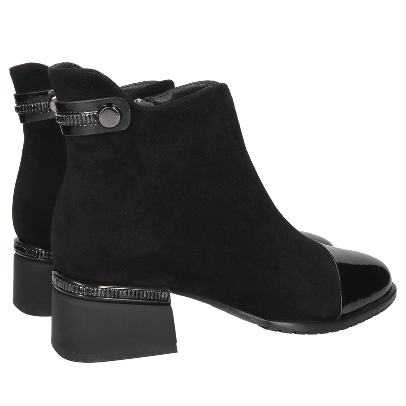 Damski botek na klocku, trzewik damski z czarnego zamszu, buty damskie na zimę ze skóry