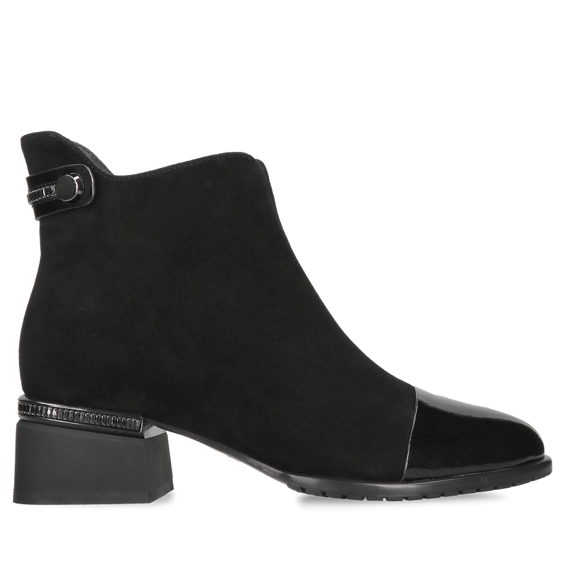 Damski botek na klocku, trzewik damski z czarnego zamszu, buty damskie na zimę ze skóry