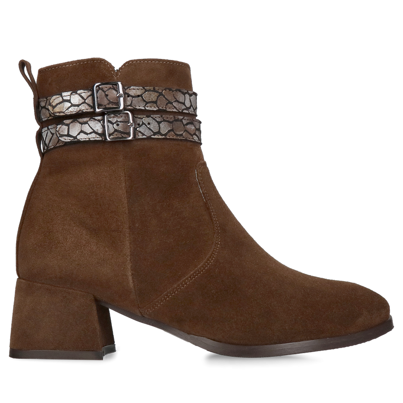 Damski botek na klocku ze skóry zamszowej, brązowe trzewiki jesienne, czekoladowe botki damskie ze skóry