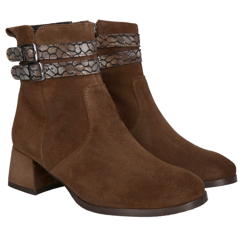 Damski botek na klocku ze skóry zamszowej, brązowe trzewiki jesienne, czekoladowe botki damskie ze skóry