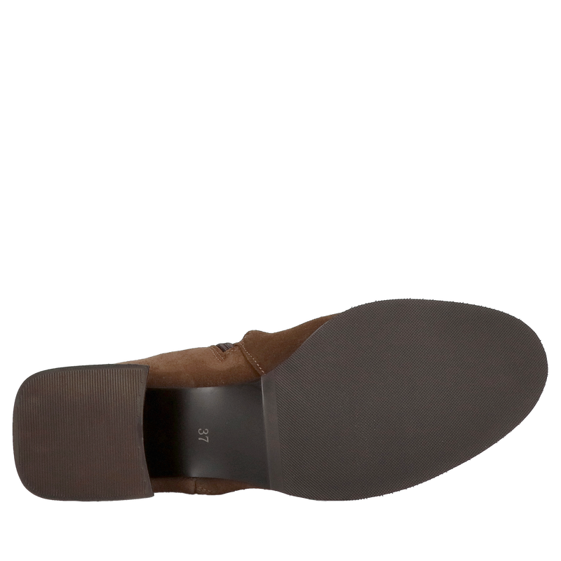 Damski botek na klocku ze skóry zamszowej, brązowe trzewiki jesienne, czekoladowe botki damskie ze skóry