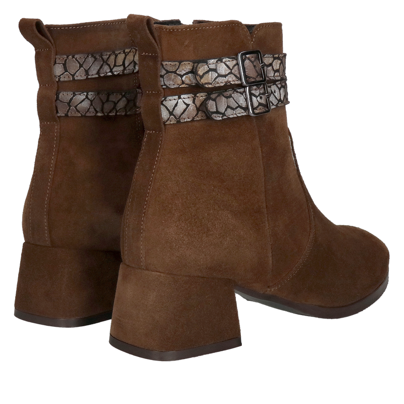 Damski botek na klocku ze skóry zamszowej, brązowe trzewiki jesienne, czekoladowe botki damskie ze skóry