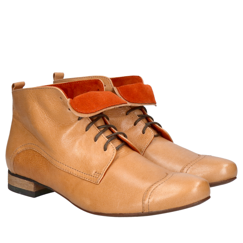 Niskie rude botki damskie nie ocieplane ze skóry z ozdobnym wykończeniem pomarańczowego zamszu, Konopka Shoes