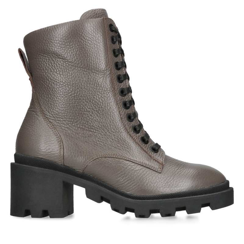 Szare botki licowe na grubym obcasie, sznurowane damskie trzewiki ze skóry, Konopka Shoes