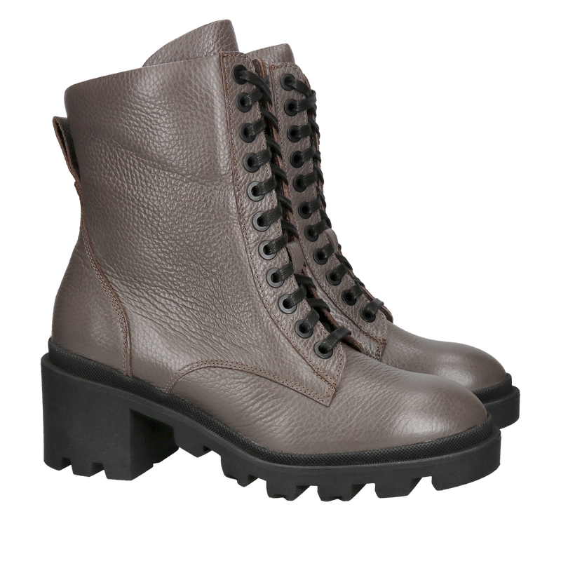 Szare botki licowe na grubym obcasie, sznurowane damskie trzewiki ze skóry, Konopka Shoes