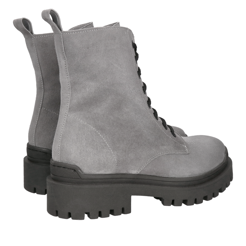 Szare botki zamszowe, botki damskie popielate, botki sznurowane na grubej podeszwie