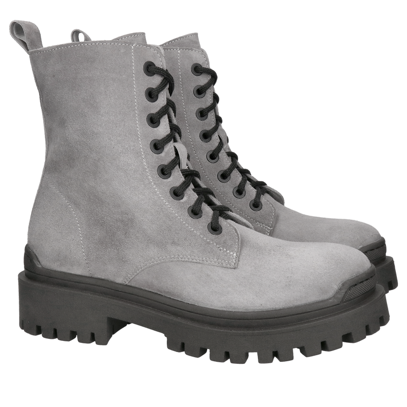 Szare botki zamszowe, botki damskie popielate, botki sznurowane na grubej podeszwie