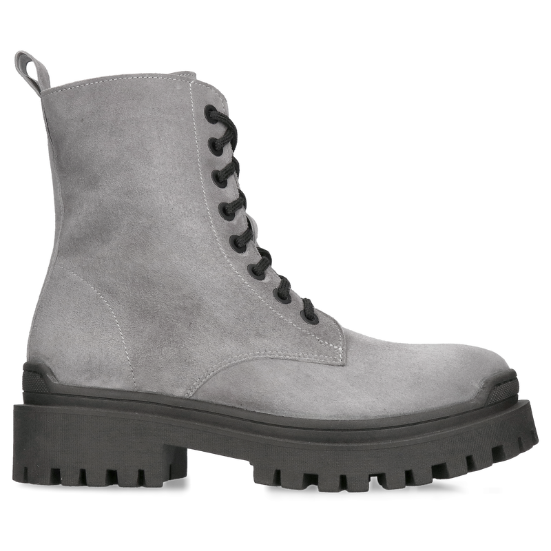Szare botki zamszowe, botki damskie popielate, botki sznurowane na grubej podeszwie