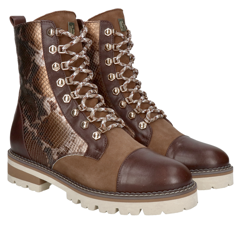 Oryginalne botki damskie ze skóry wężowej, botki zimowe brązowe na grubej podeszwie od polskiego producenta Conhpol