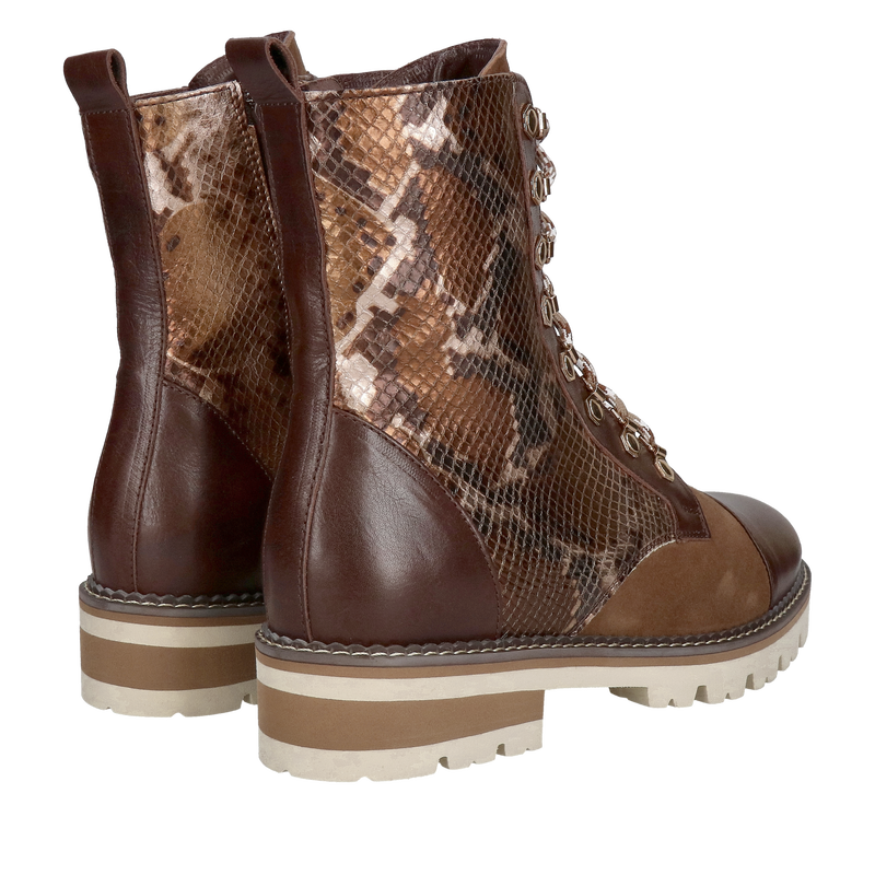 Oryginalne botki damskie ze skóry wężowej, botki zimowe brązowe na grubej podeszwie od polskiego producenta Conhpol