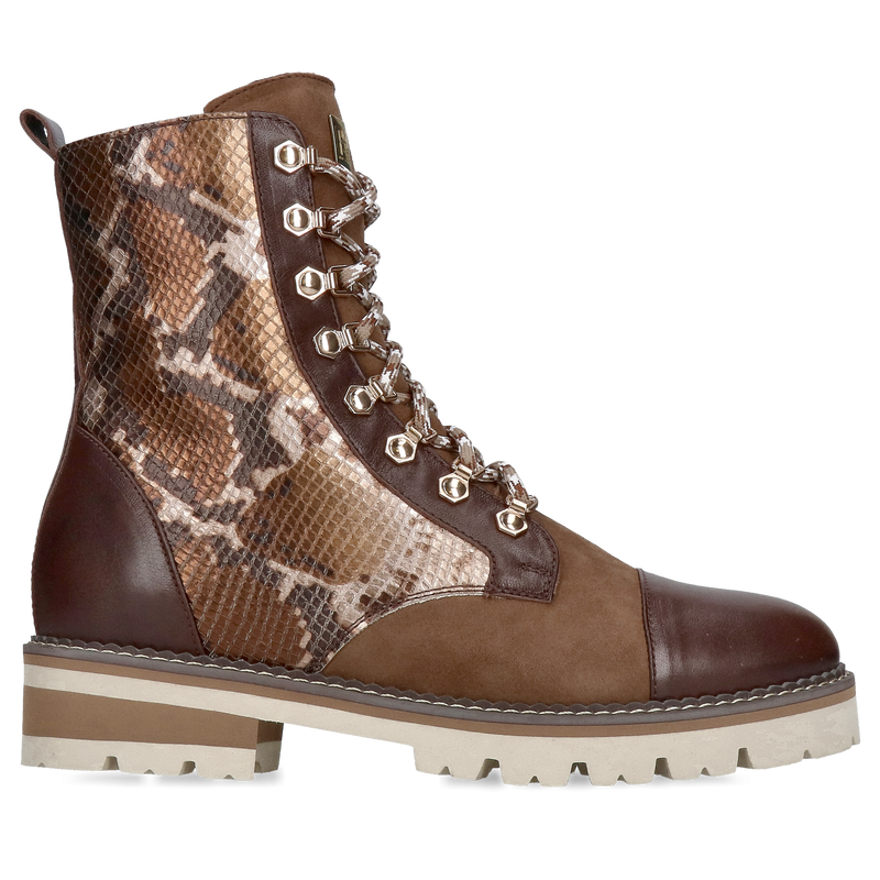 Oryginalne botki damskie ze skóry wężowej, botki zimowe brązowe na grubej podeszwie od polskiego producenta Conhpol