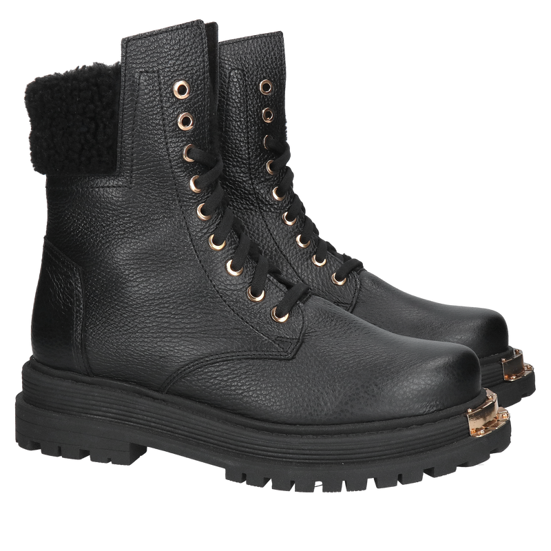 Trapery damskie ze skóry, czarne botki zimowe z kożuchem, Konopka Shoes