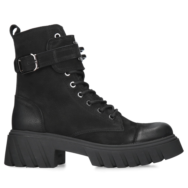 Zimowe botki damskie, trzewiki damskie z czarnej skóry nubukowej na grubej podeszwie