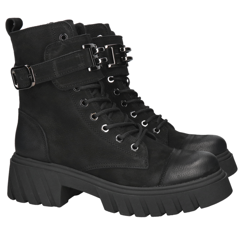 Zimowe botki damskie, trzewiki damskie z czarnej skóry nubukowej na grubej podeszwie