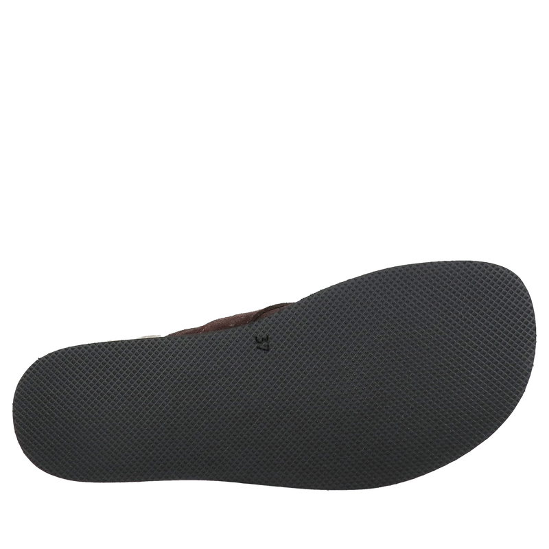 Mule klapki czekoladowe z futrem, wygodne mule ze skóry