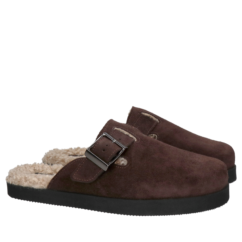 Mule klapki czekoladowe z futrem, wygodne mule ze skóry, Konopka Shoes