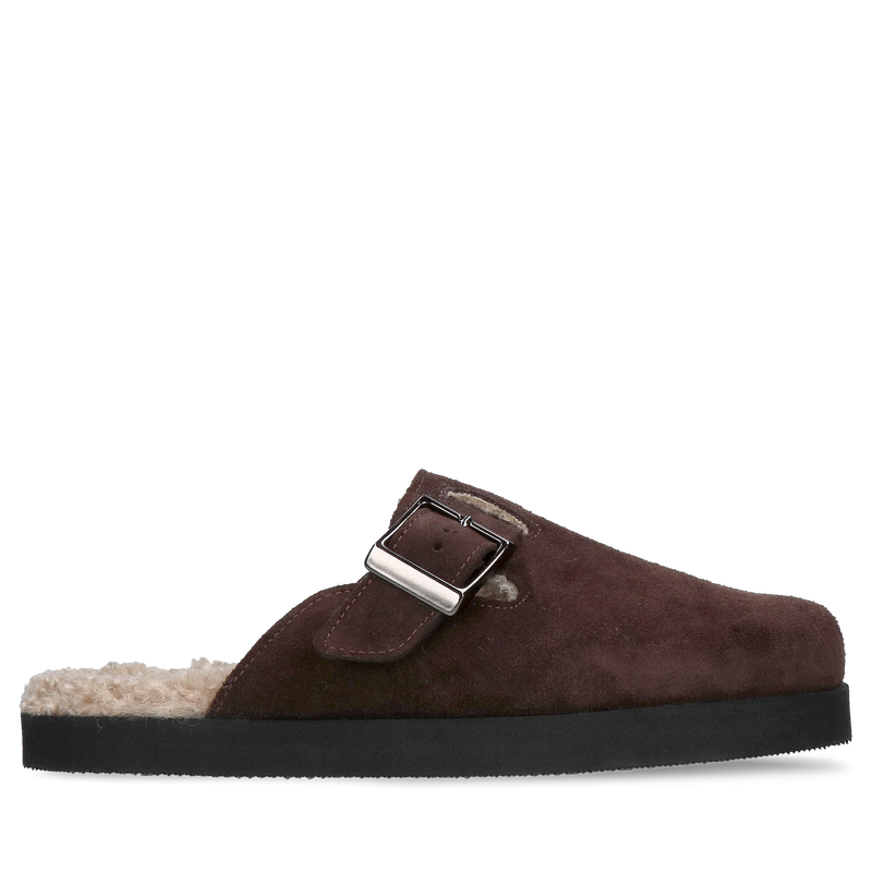 Mule klapki czekoladowe z futrem, wygodne mule ze skóry, Konopka Shoes