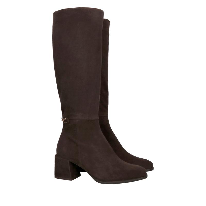 Zamszowe kozaki czekoladowe na słupku z delikatną ozdobą, damskie kozaki brązowe