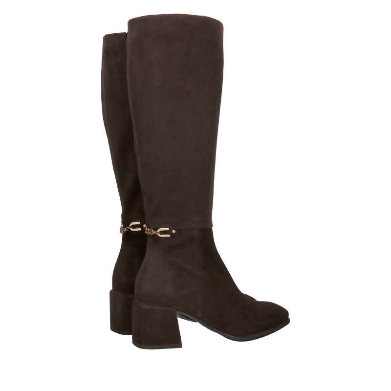 Zamszowe kozaki czekoladowe na słupku z delikatną ozdobą, damskie kozaki brązowe