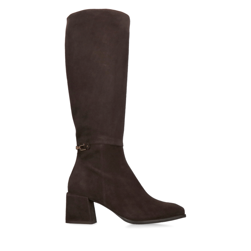 Zamszowe kozaki czekoladowe na słupku z delikatną ozdobą, damskie kozaki brązowe