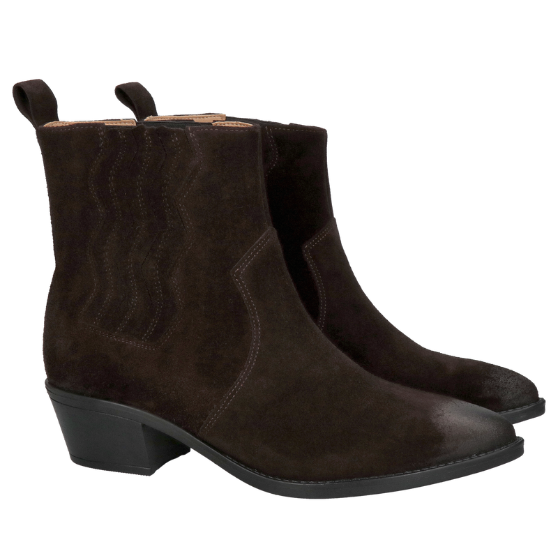 Brązowe kowbojki damskie ze skóry, czekoladowe kowbojki botki