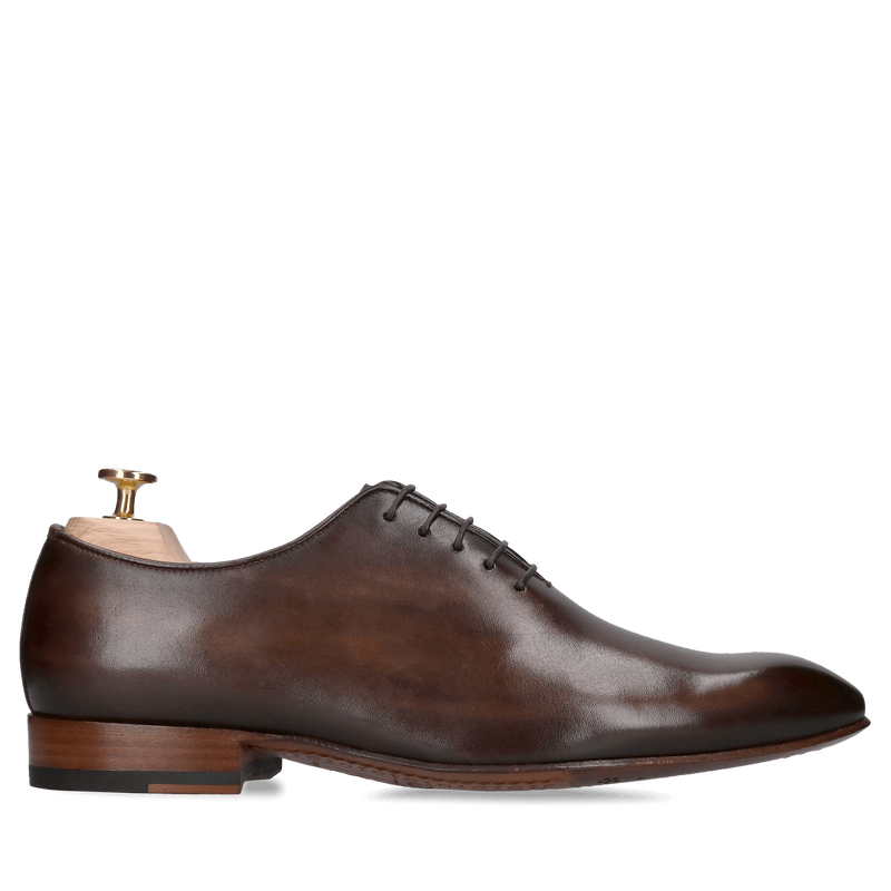 Wizytowe buty męskie typu lotnik na skórzanej podeszwie, garniturowe buty męskie ciemny brąz, ręcznie malowane