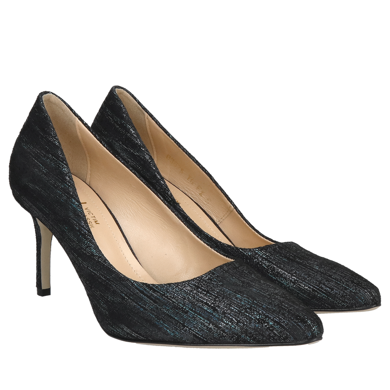 Wygodne szpilki 7cm, eleganckie czółenka zamszowe z połyskiem do sukienki