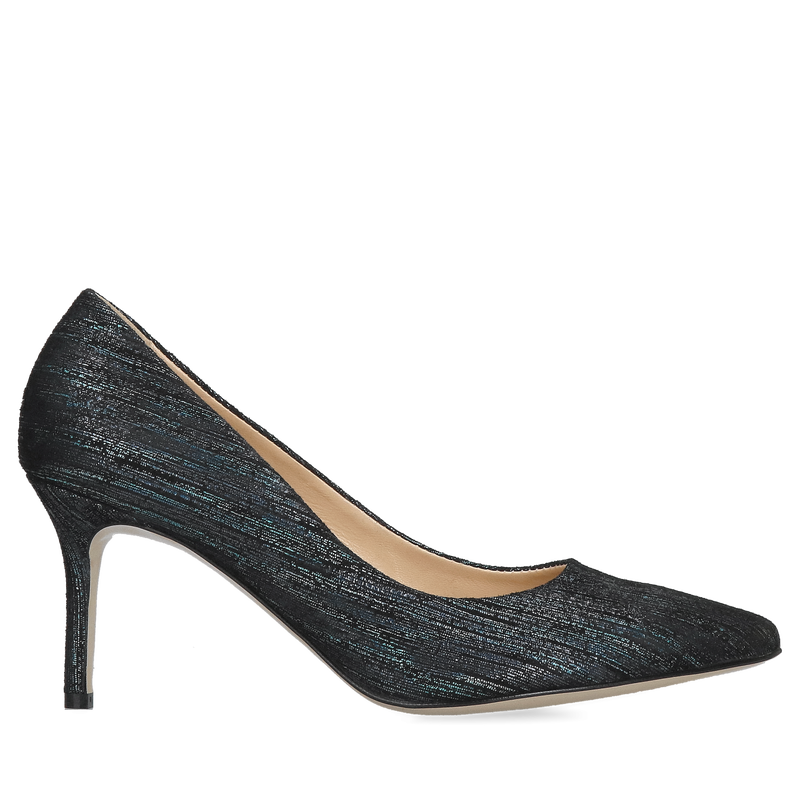 Wygodne szpilki 7cm, eleganckie czółenka zamszowe z połyskiem do sukienki