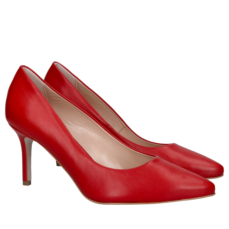 Czerwone czółenka na wygodnym obcasie, szpilki czerwone ze skóry naturalnej