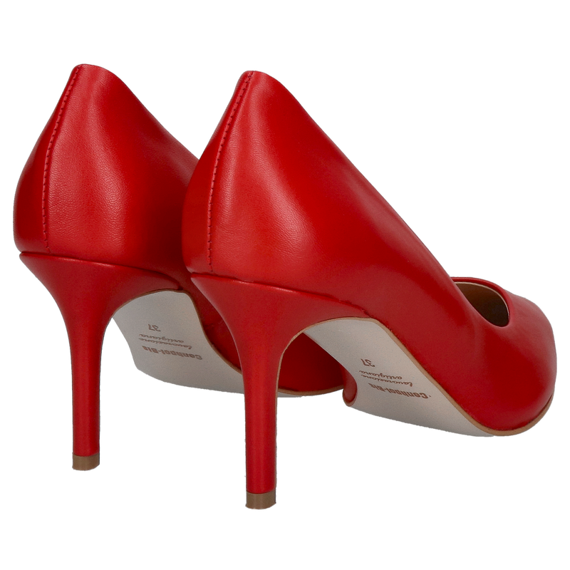 Czerwone czółenka na wygodnym obcasie, szpilki czerwone ze skóry naturalnej