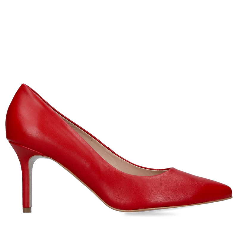 Czerwone czółenka na wygodnym obcasie, szpilki czerwone ze skóry naturalnej