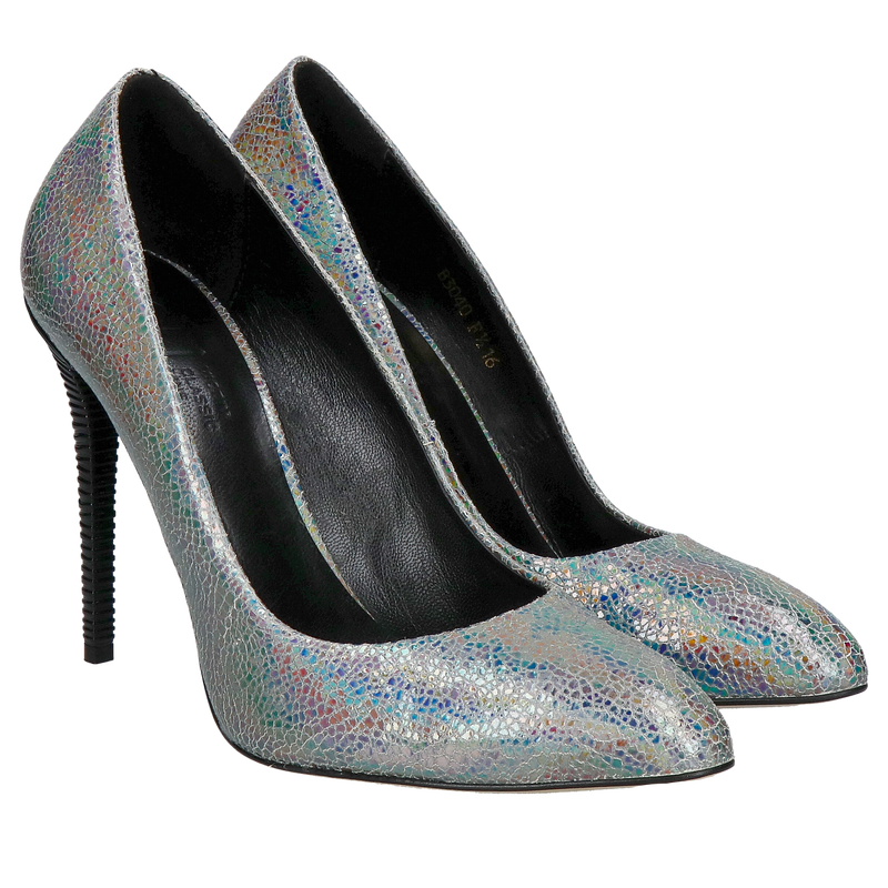 Wysokie szpilki srebrne z wyjątkową skórą naturalną i ozdobnym obcasem, Konopka Shoes