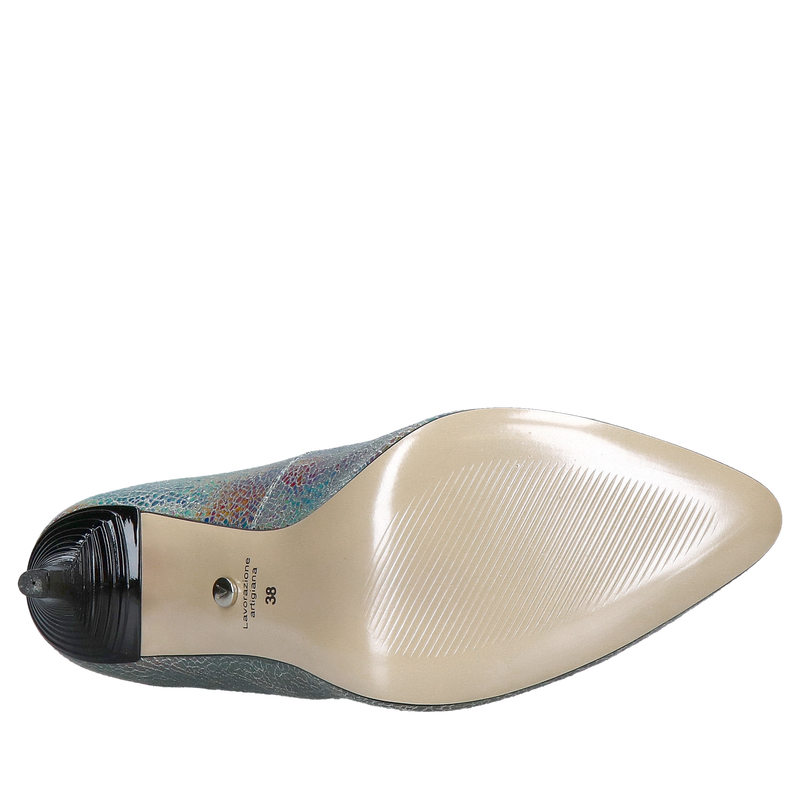 Wysokie szpilki srebrne z wyjątkową skórą naturalną i ozdobnym obcasem, Konopka Shoes