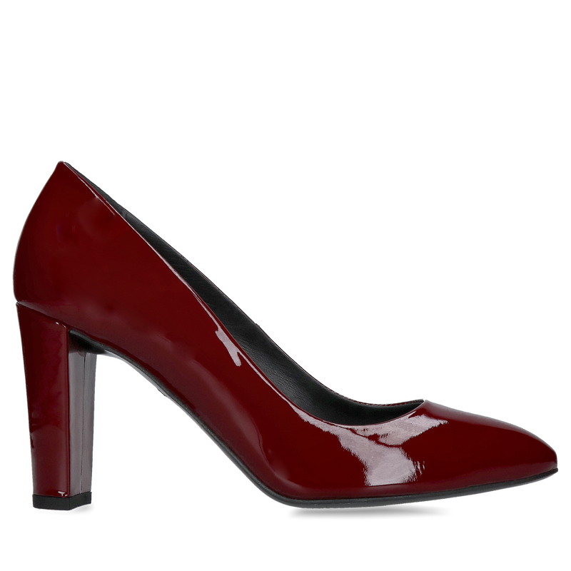 Czółenka z okrągłym noskiem na wysokim wygodnym słupku, bordowe szpilki na grubym obcasie, Konopka Shoes