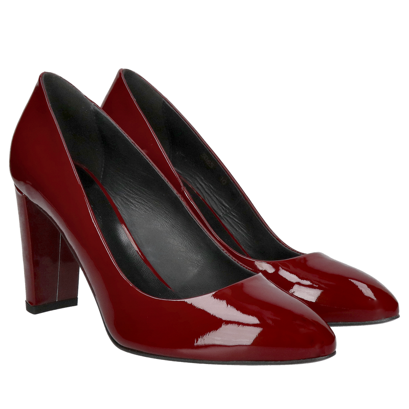 Czółenka z okrągłym noskiem na wysokim wygodnym słupku, bordowe szpilki na grubym obcasie, Konopka Shoes