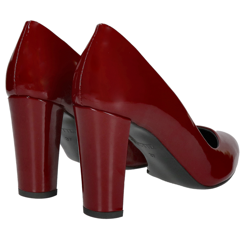 Czółenka z okrągłym noskiem na wysokim wygodnym słupku, bordowe szpilki na grubym obcasie, Konopka Shoes