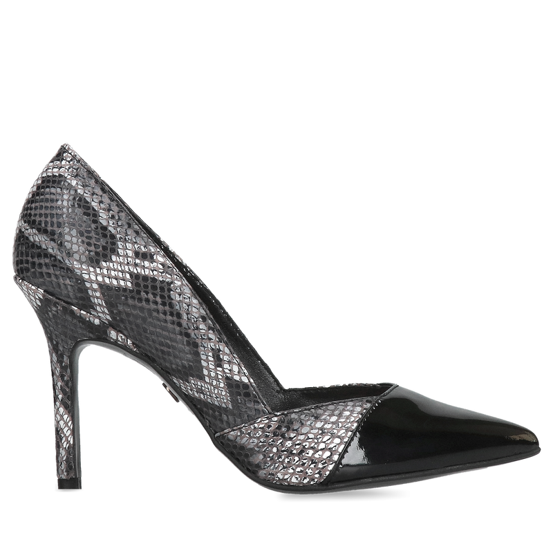 Wygodne szpillki z motywem wężowym połączone ze skórą lakierowaną, eleganckie szpilki damskie, Konopka Shoes