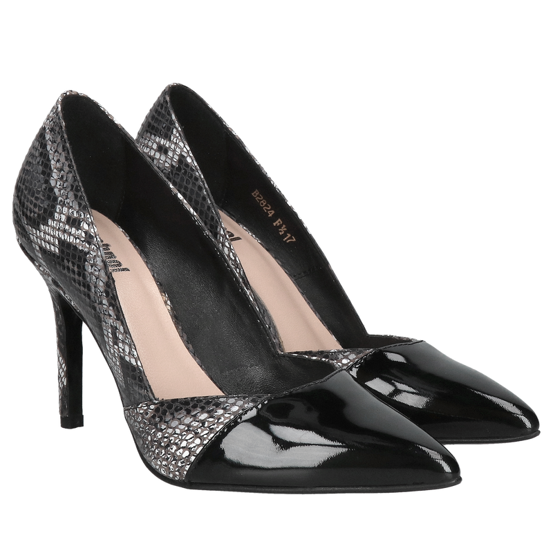 Wygodne szpillki z motywem wężowym połączone ze skórą lakierowaną, eleganckie szpilki damskie, Konopka Shoes