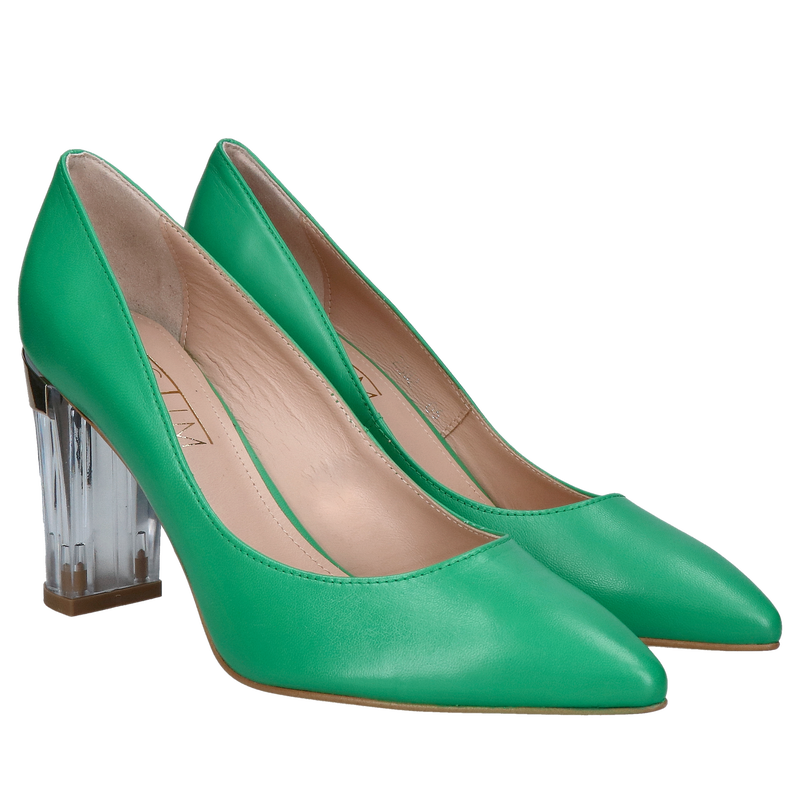 Zielone czółenka na grubym przezroczystym obcasie, wyjątkowe buty ze skóry naturalnej