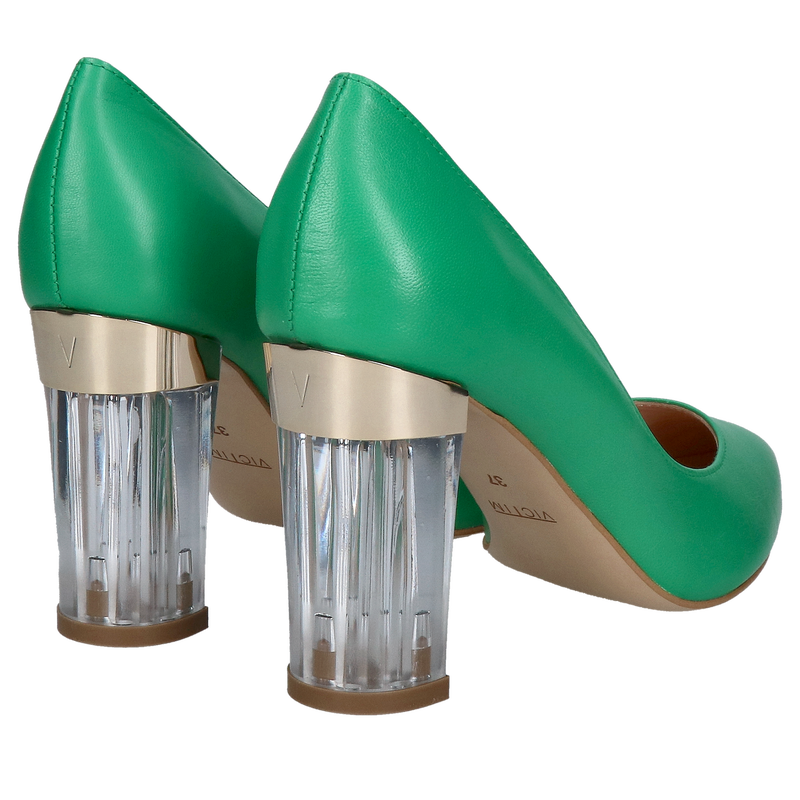 Zielone czółenka na grubym przezroczystym obcasie, wyjątkowe buty ze skóry naturalnej