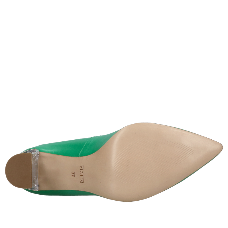 Zielone czółenka na grubym przezroczystym obcasie, wyjątkowe buty ze skóry naturalnej