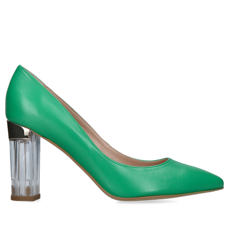 Zielone czółenka na grubym przezroczystym obcasie, wyjątkowe buty ze skóry naturalnej