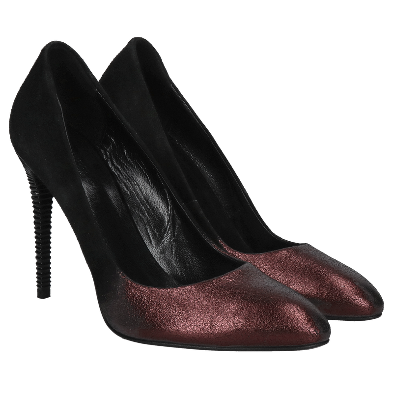 Wyjątykowe damskie szpilki na ozdobnym obcasie w kolorze czarnego zamszu połączonego z mieniącym bordem, Konopka Shoes