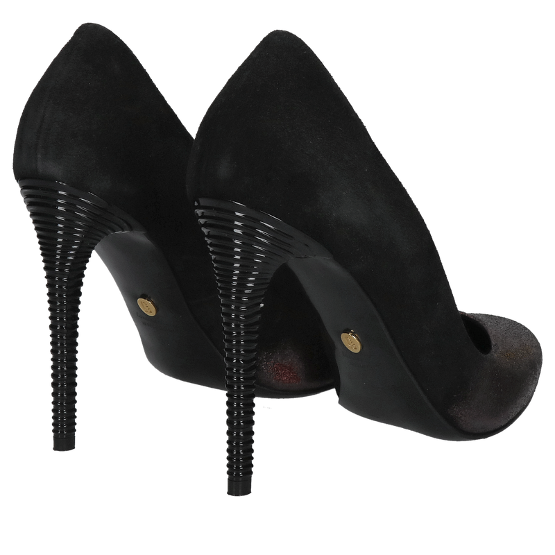 Wyjątykowe damskie szpilki na ozdobnym obcasie w kolorze czarnego zamszu połączonego z mieniącym bordem, Konopka Shoes