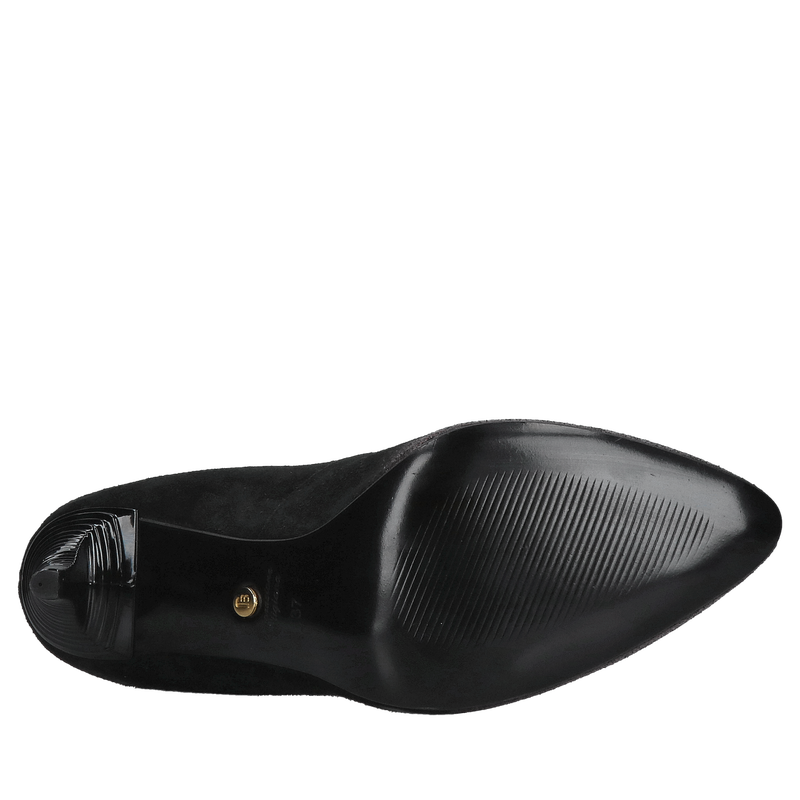 Wyjątykowe damskie szpilki na ozdobnym obcasie w kolorze czarnego zamszu połączonego z mieniącym bordem, Konopka Shoes